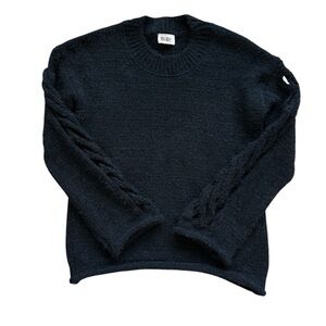 BiBi Women's Black Pullover Sweater Braided Cut Out Sleeve Detail S Fuzzy Knit